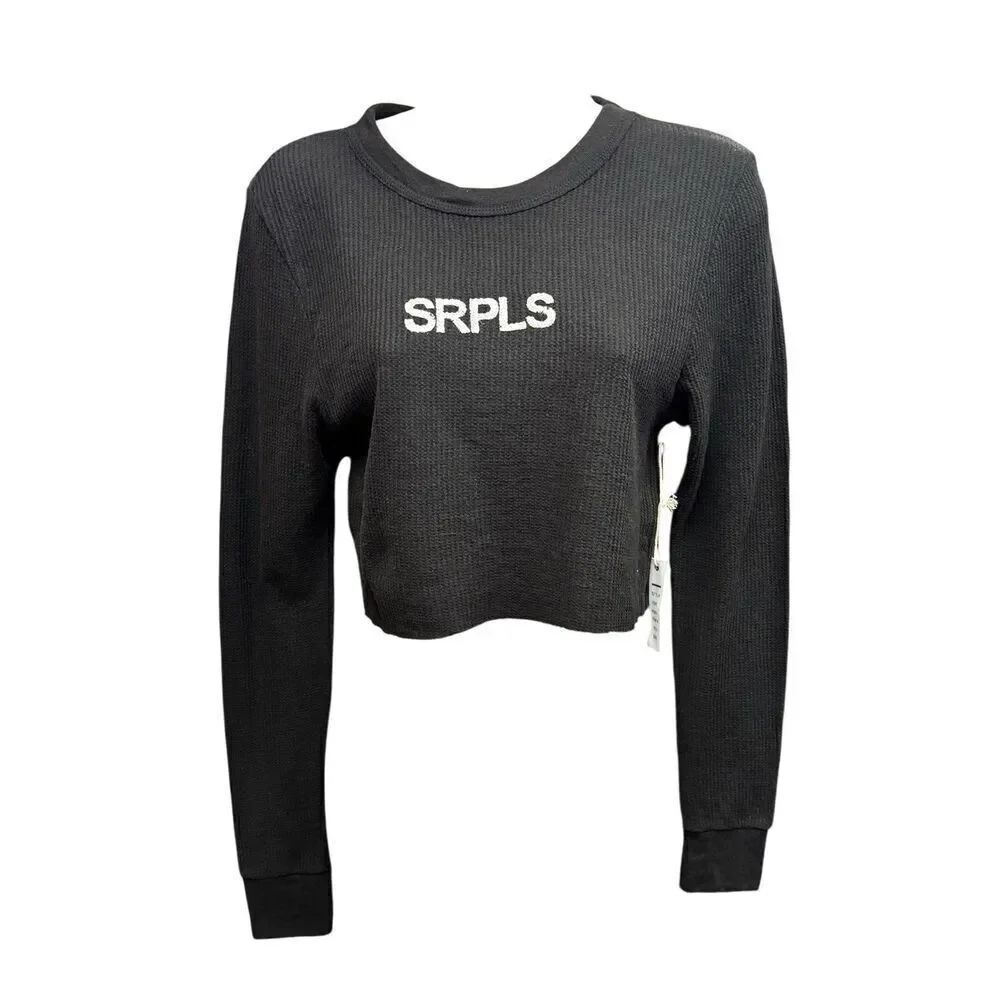 NSF Cropped Waffle Weave 100% Cotton Long Sleeve T in Black NWT Size Medium